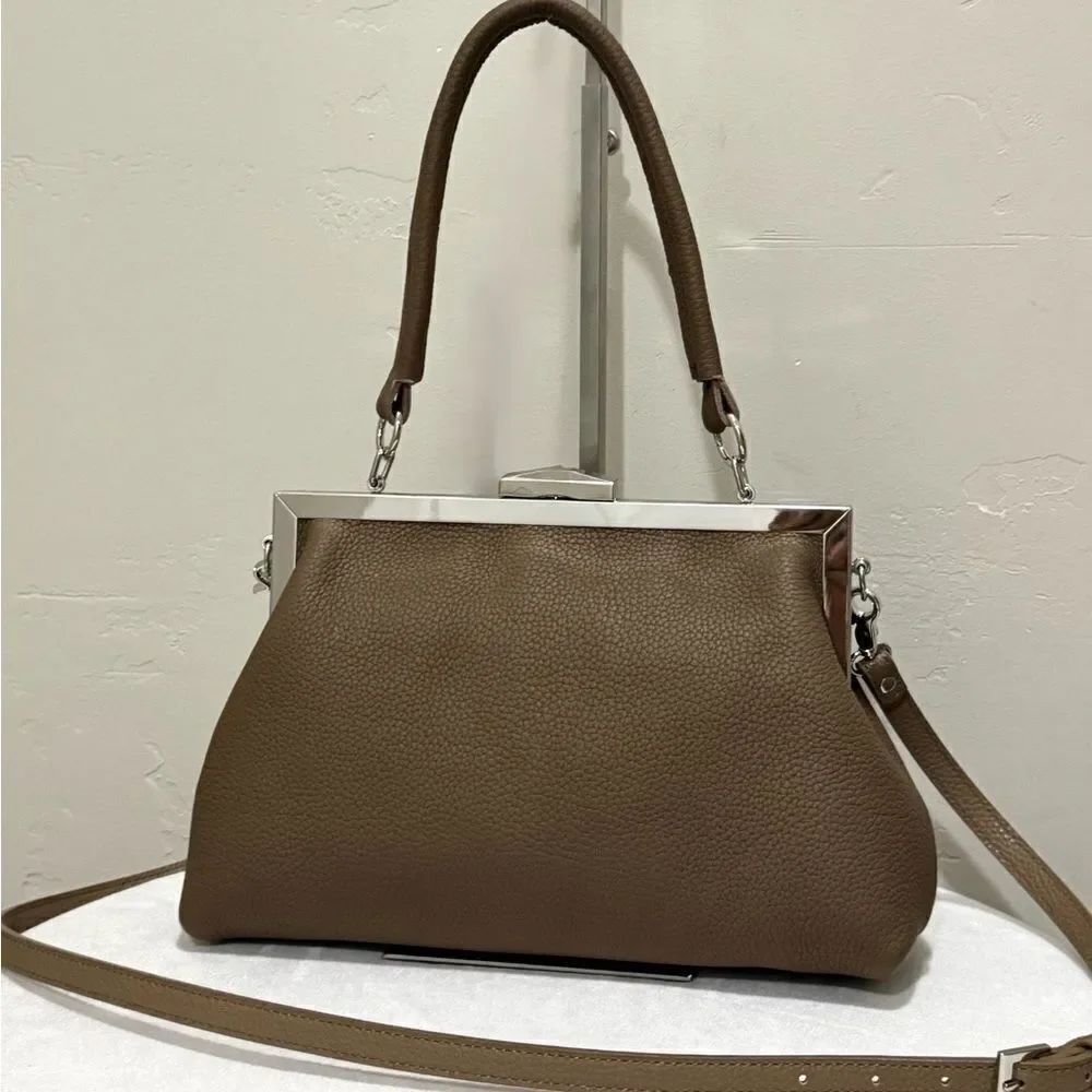 Khaki Handmade Togo Calf Leather Push Lock & Metal Frame Purse Includes 3 Straps